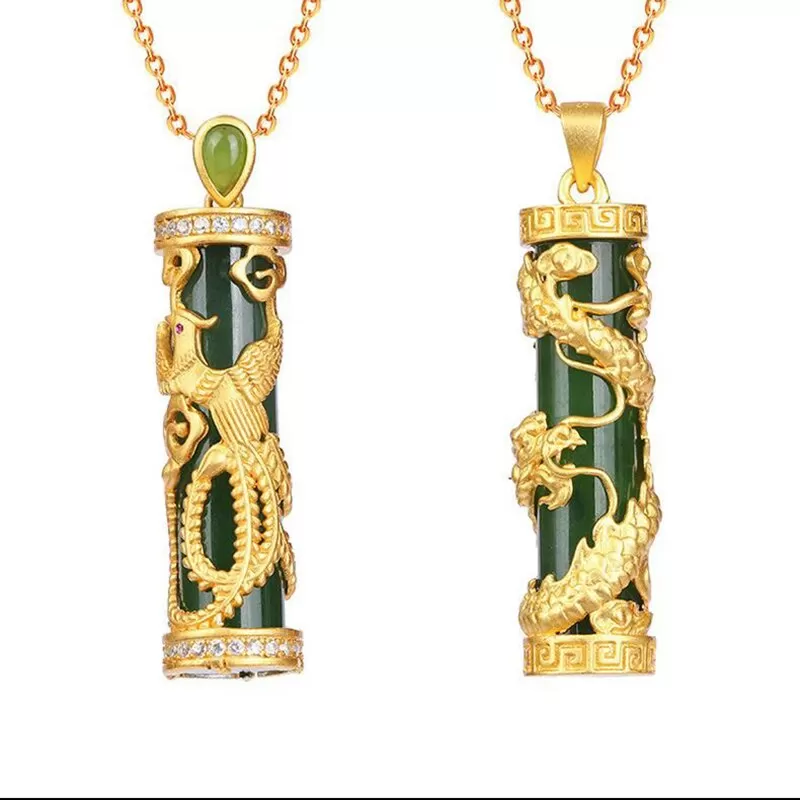 18K Gold-Plated Natural Jade Bar Pillar Dragon Pendant Necklace