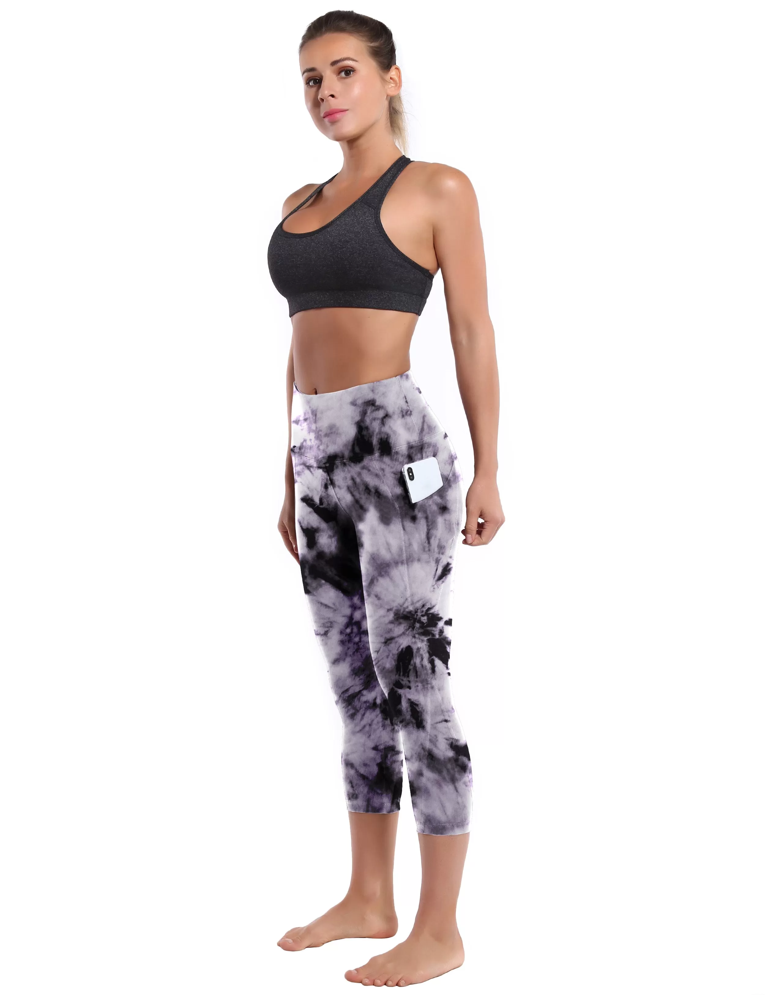 19 High Waist Printed Side Pockets Capris black dandelion_yogastudio