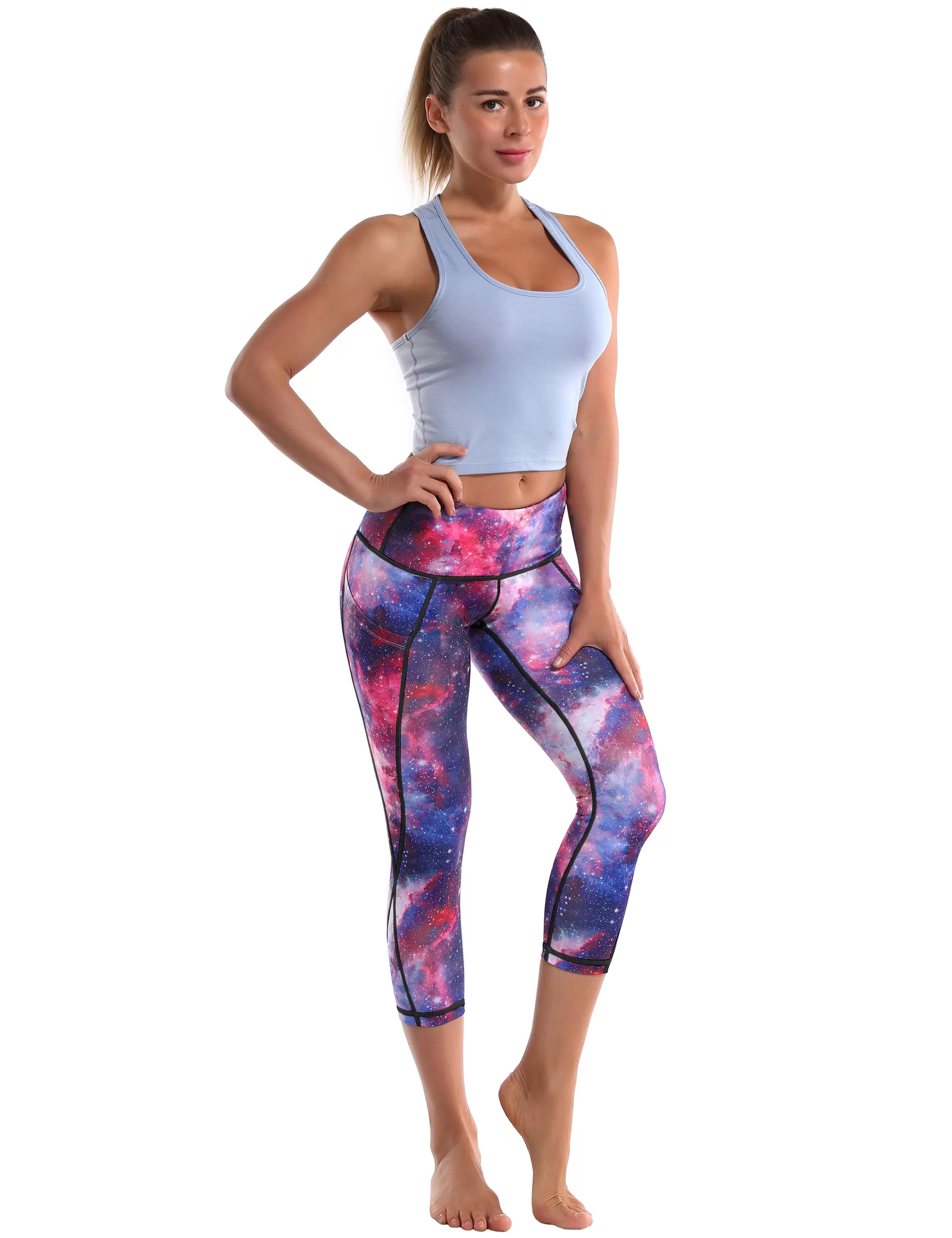 19" High Waist Printed Side Pockets Capris galaxy