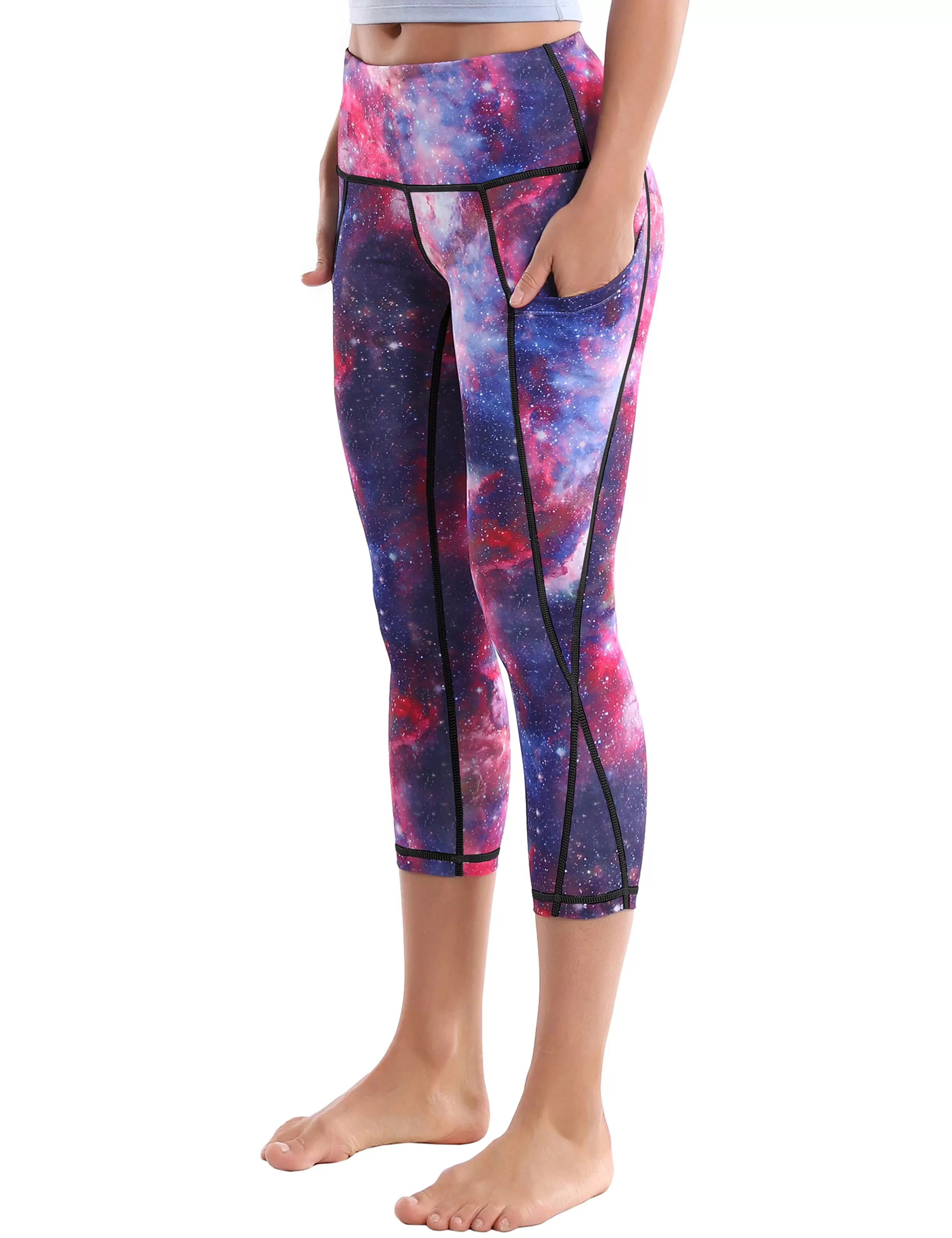 19" High Waist Printed Side Pockets Capris galaxy