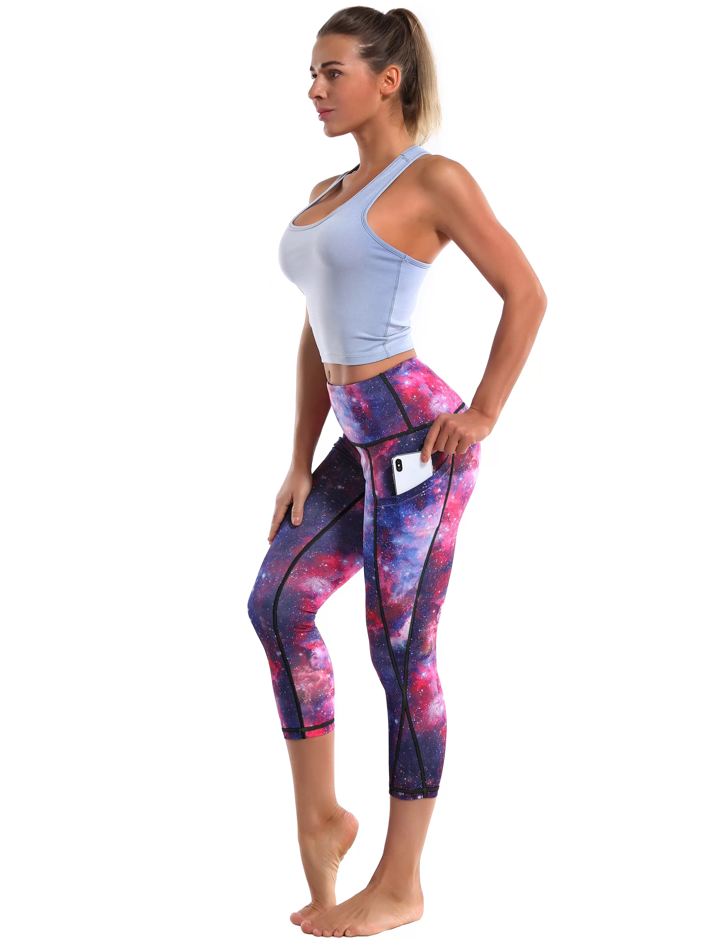 19" High Waist Printed Side Pockets Capris galaxy