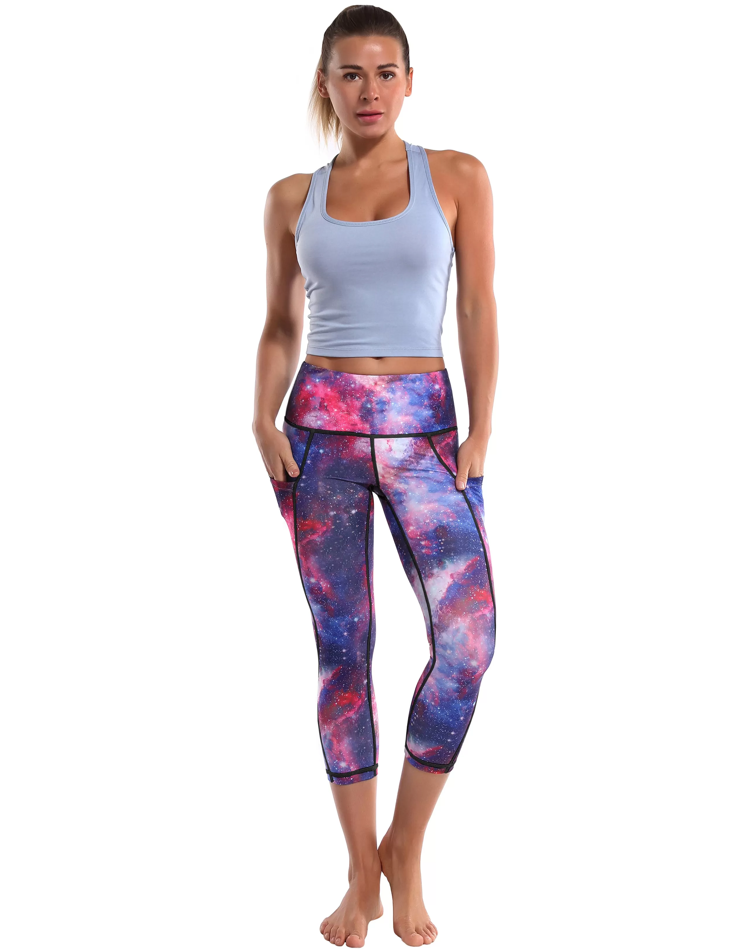 19" High Waist Printed Side Pockets Capris galaxy