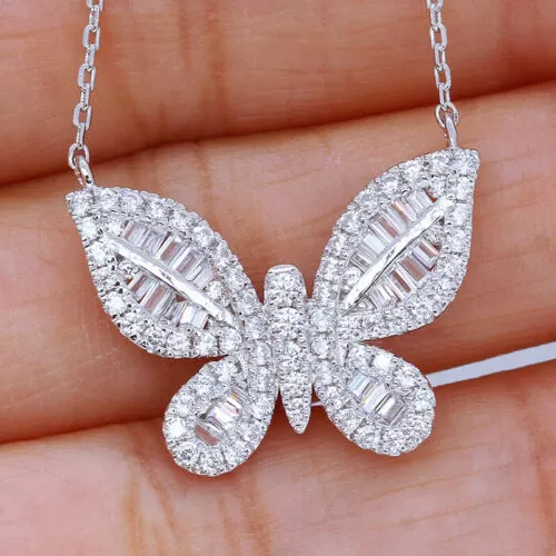 2 CT Sterling Silver Baguette Simulated Diamond Butterfly Necklace