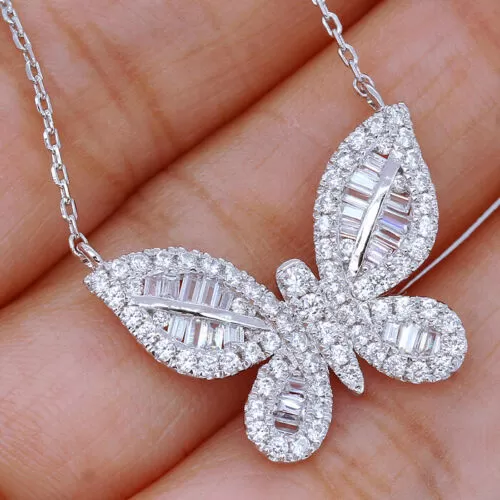 2 CT Sterling Silver Baguette Simulated Diamond Butterfly Necklace