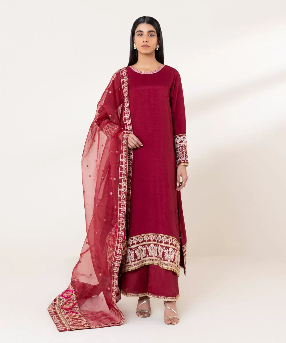 3 Piece - Embroidered Raw Silk Suit