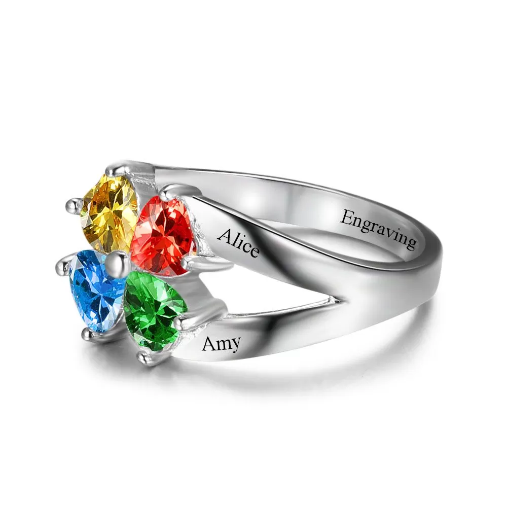 4 Heart Birthstone Mother's Ring .925 Sterling Hearts Together 4 Names