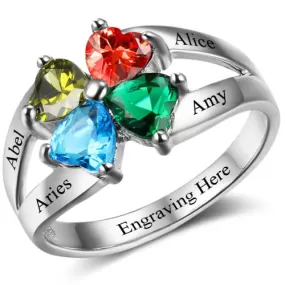 4 Heart Birthstone Mother's Ring .925 Sterling Hearts Together 4 Names