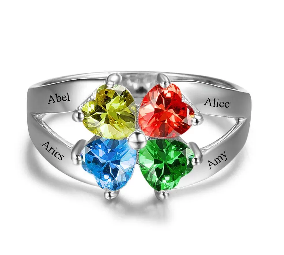 4 Heart Birthstone Mother's Ring .925 Sterling Hearts Together 4 Names