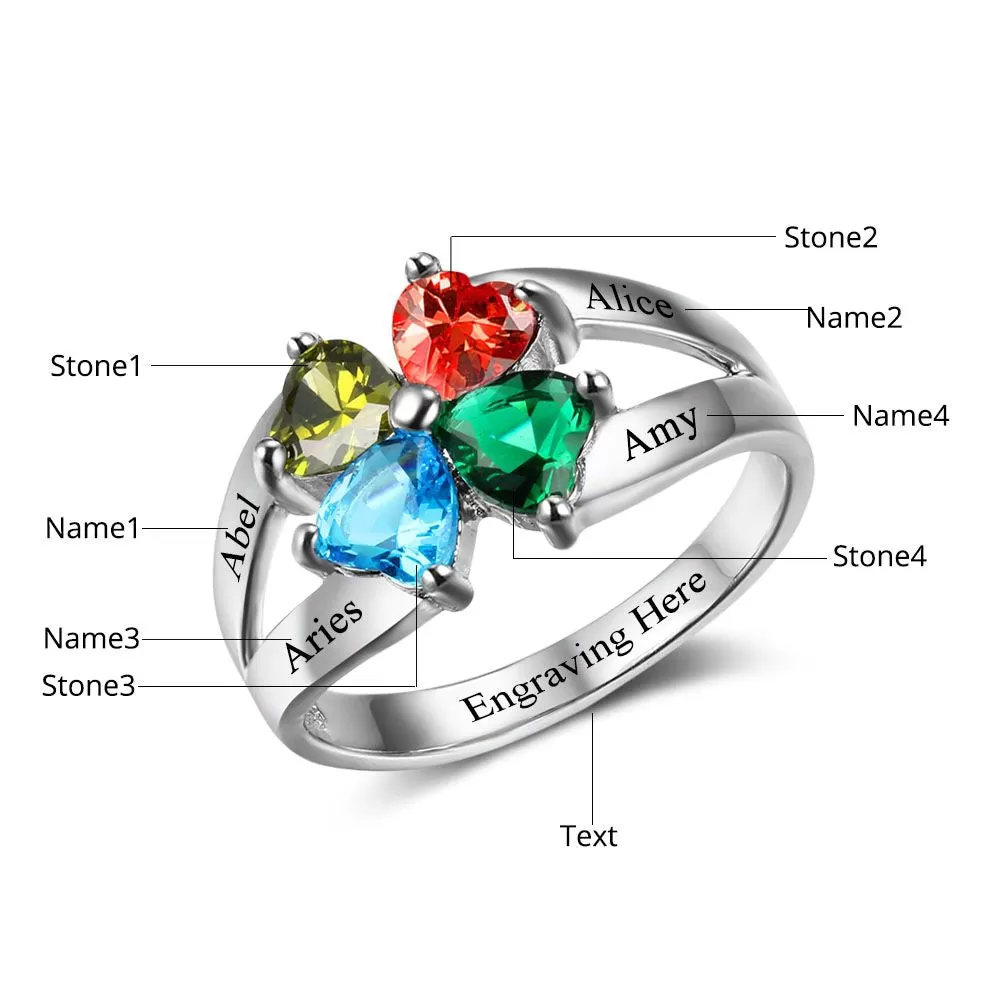 4 Heart Birthstone Mother's Ring .925 Sterling Hearts Together 4 Names