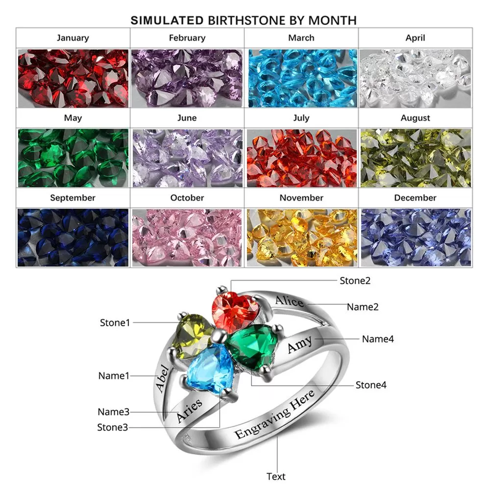 4 Heart Birthstone Mother's Ring .925 Sterling Hearts Together 4 Names