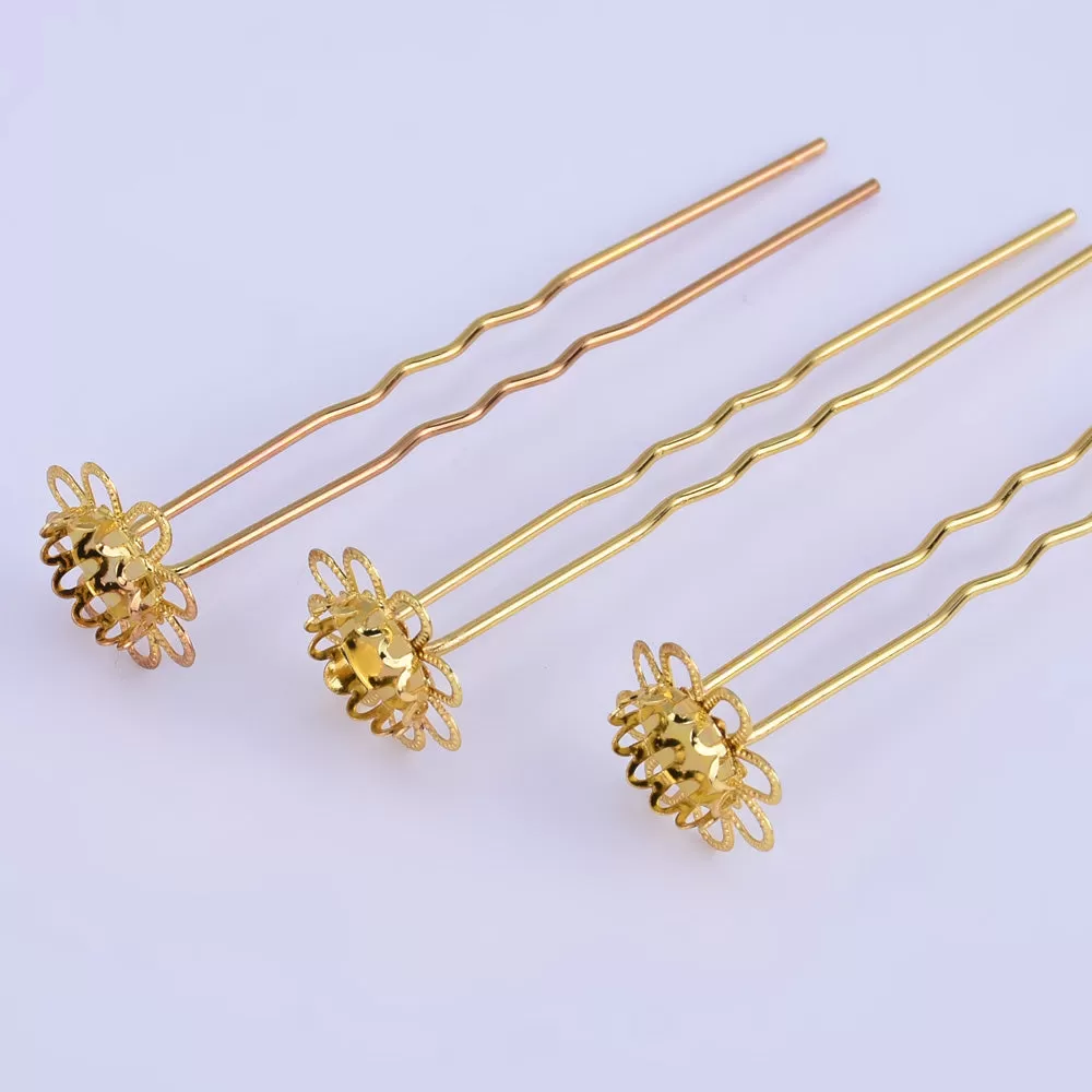 75mm U shape Wedding hair pin flower with 10mm Cameo Base Clips bridesmaid hair pin Hair accessories gold 10pcs