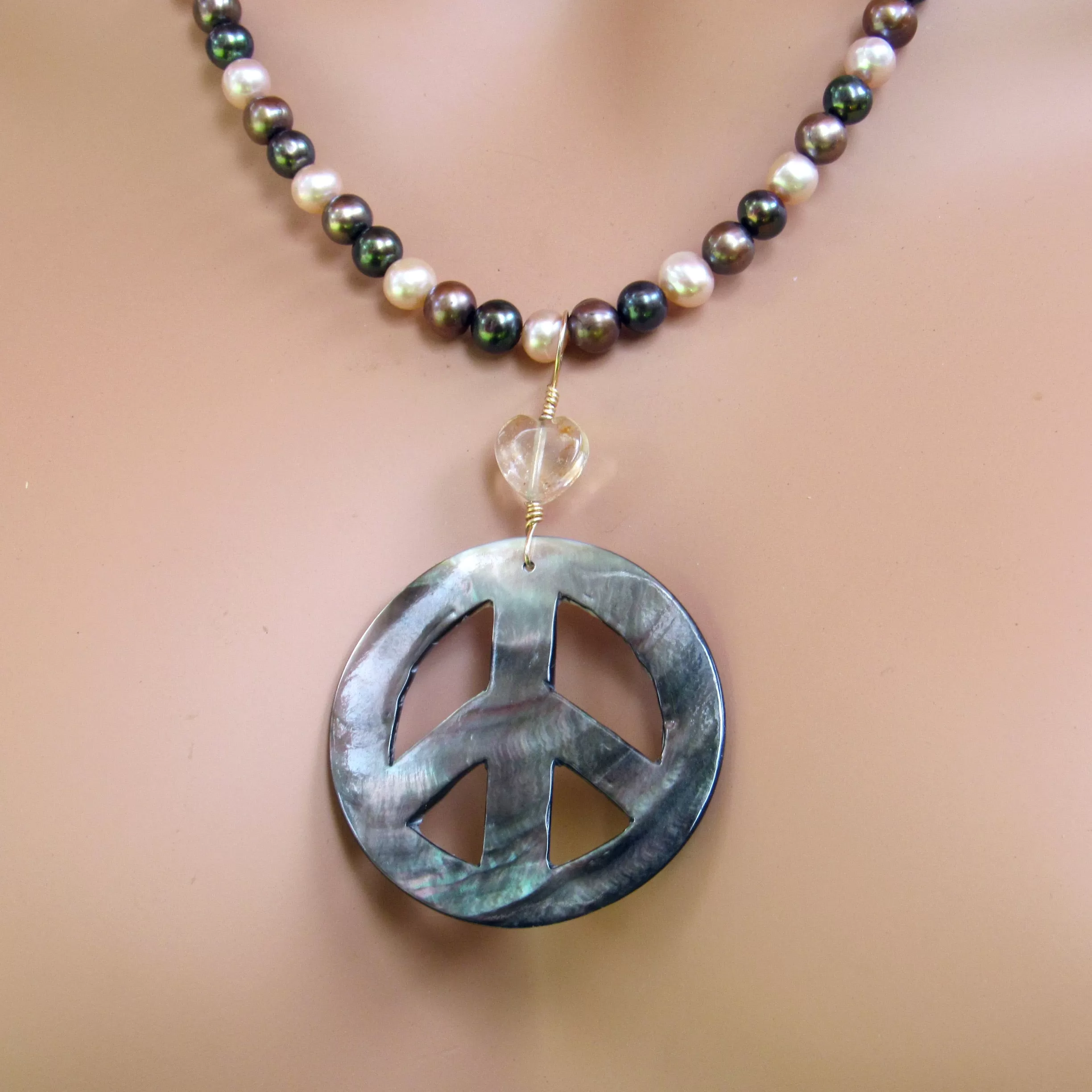 Abalone Peace Sign Hand Wrapped w/ 14 kt gf w/ Citrine Heart on Freshwater Pearls