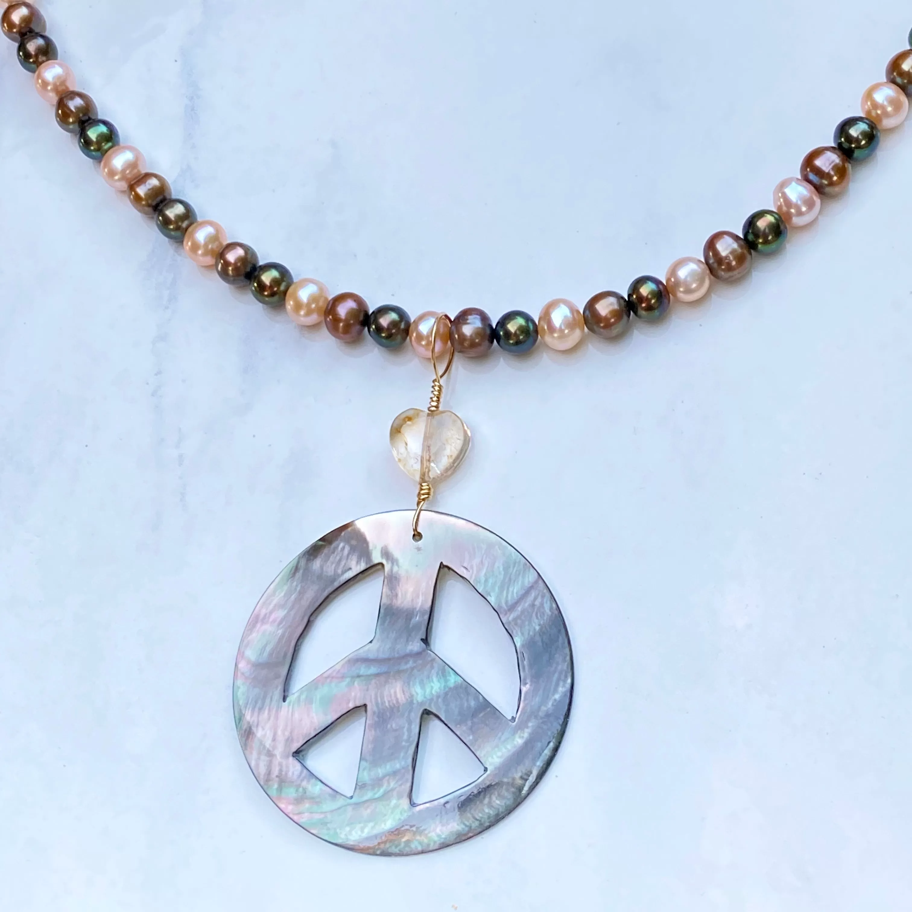 Abalone Peace Sign Hand Wrapped w/ 14 kt gf w/ Citrine Heart on Freshwater Pearls