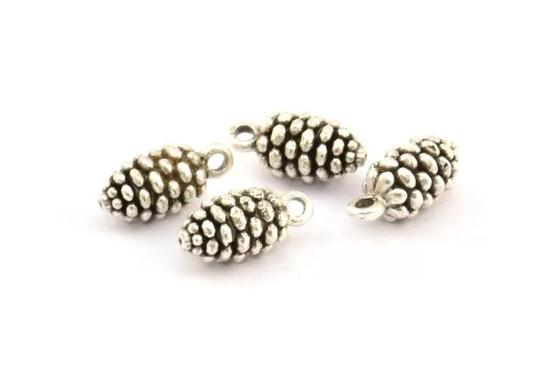 Antique Silver Cone Charm, 4 Antique Silver Plated Brass Pine Cone Charms With 1 Loop (16x7.5mm) U109 H0308