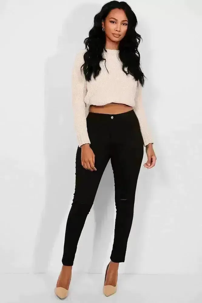 Black Slash Knee Plain Front High Waist Jeans