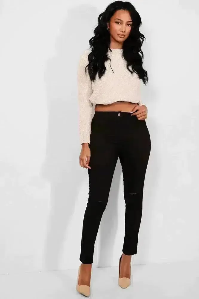 Black Slash Knee Plain Front High Waist Jeans