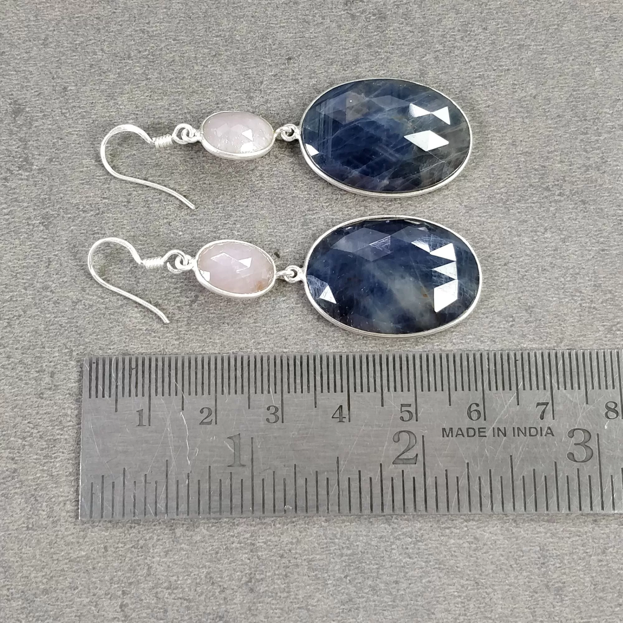 BLUE & PINK SAPPHIRE Gemstone Earring : 15.20gms Natural Sapphire 925 Sterling Silver Drop Dangle Bezel Set Hook Earrings 2.35"