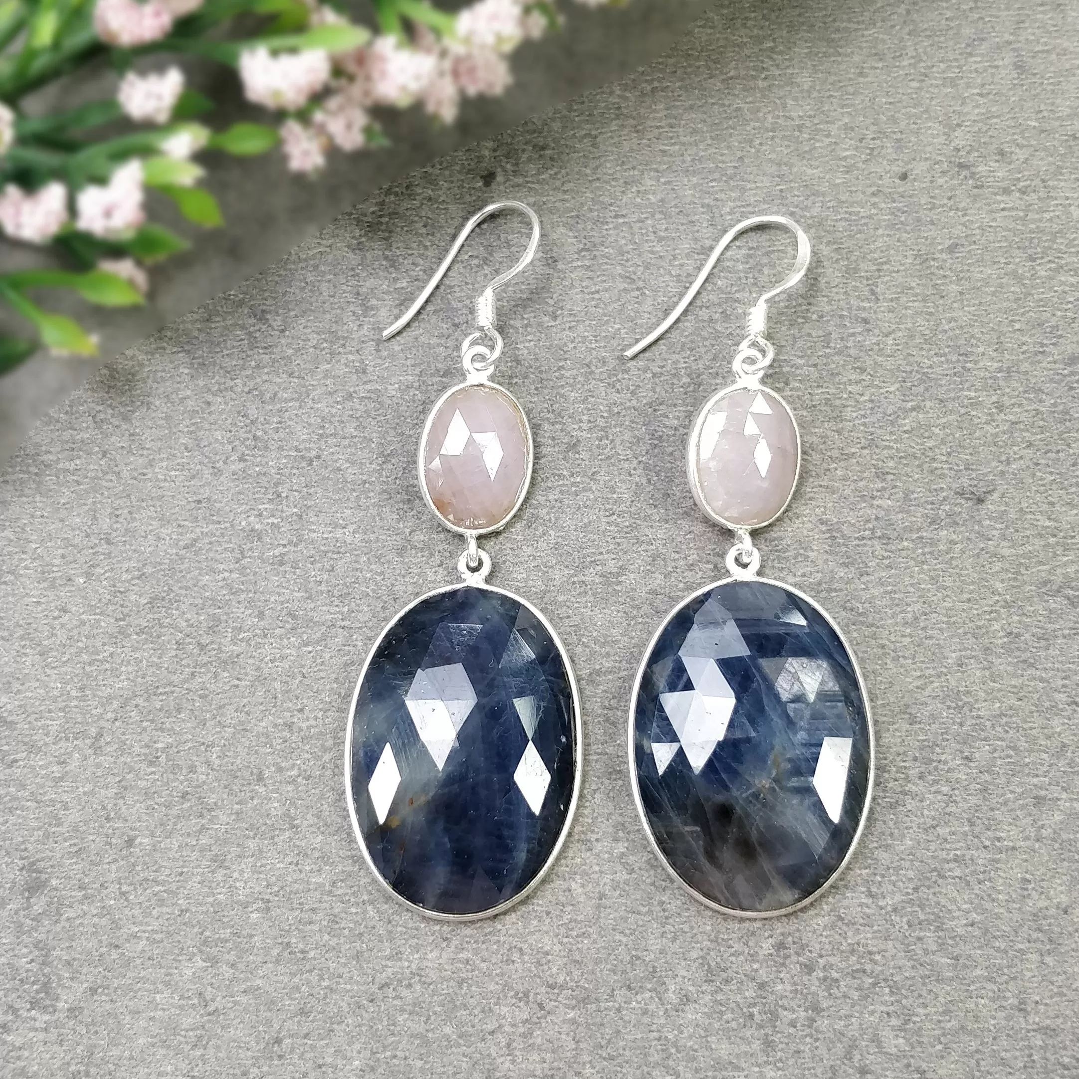 BLUE & PINK SAPPHIRE Gemstone Earring : 15.20gms Natural Sapphire 925 Sterling Silver Drop Dangle Bezel Set Hook Earrings 2.35"