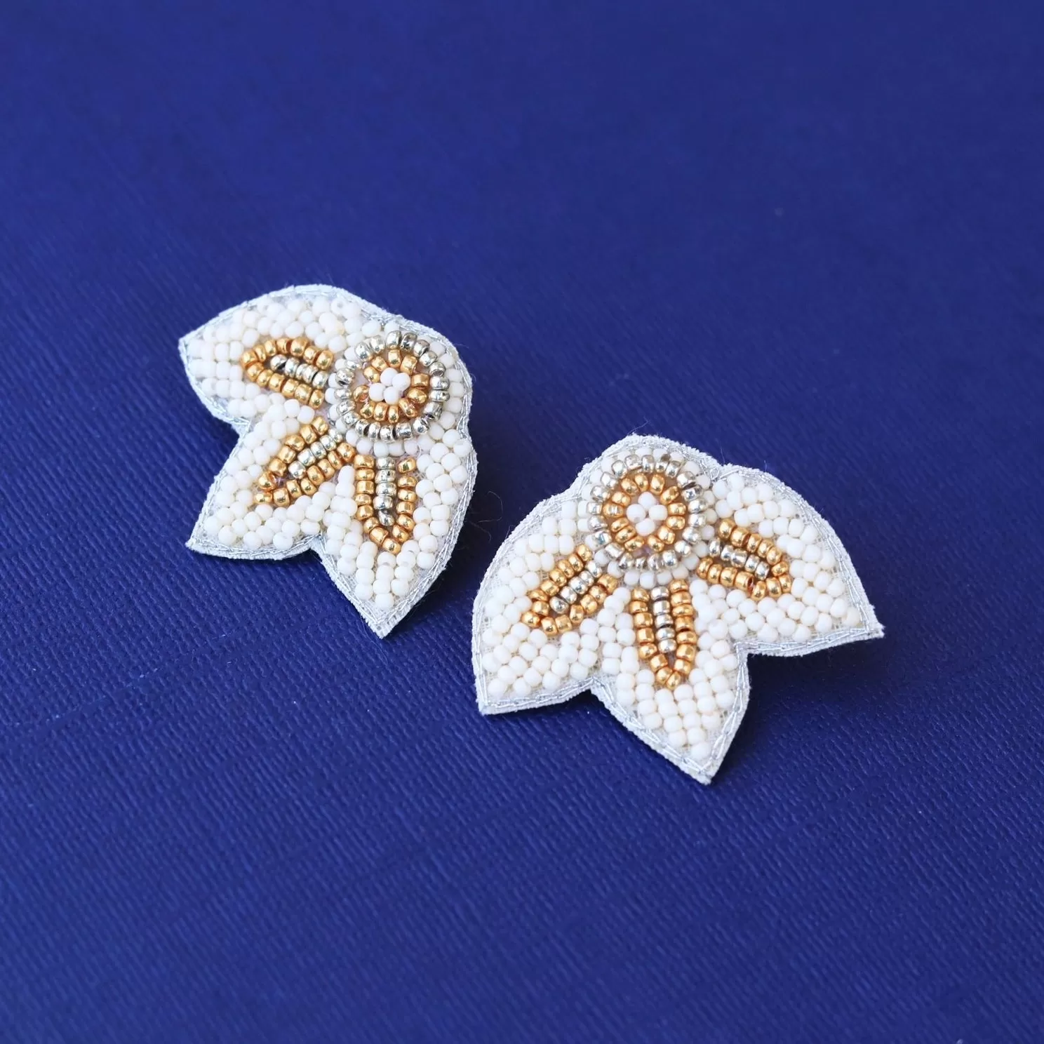 Cream   Gold Beaded Flower Wing Earrings