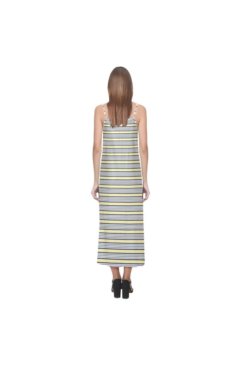 Cream Stripes V-Neck Open Fork Long Dress(Model D18)