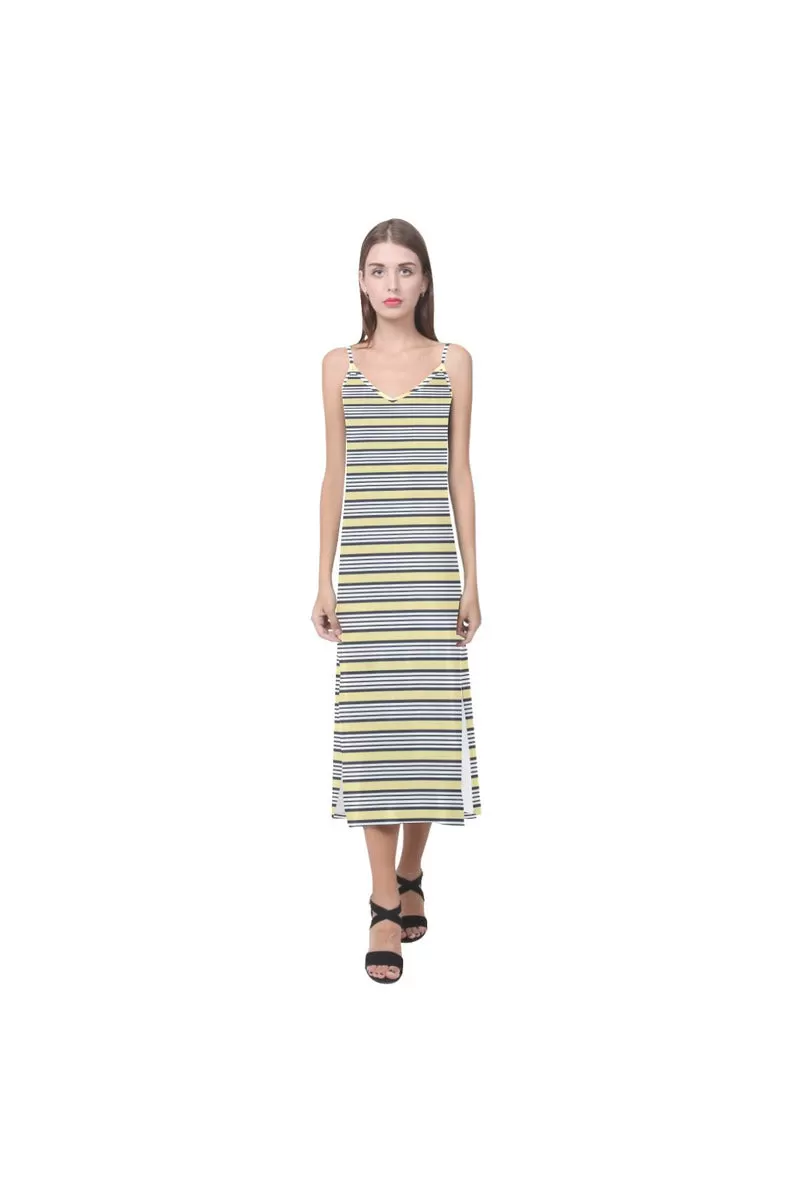 Cream Stripes V-Neck Open Fork Long Dress(Model D18)