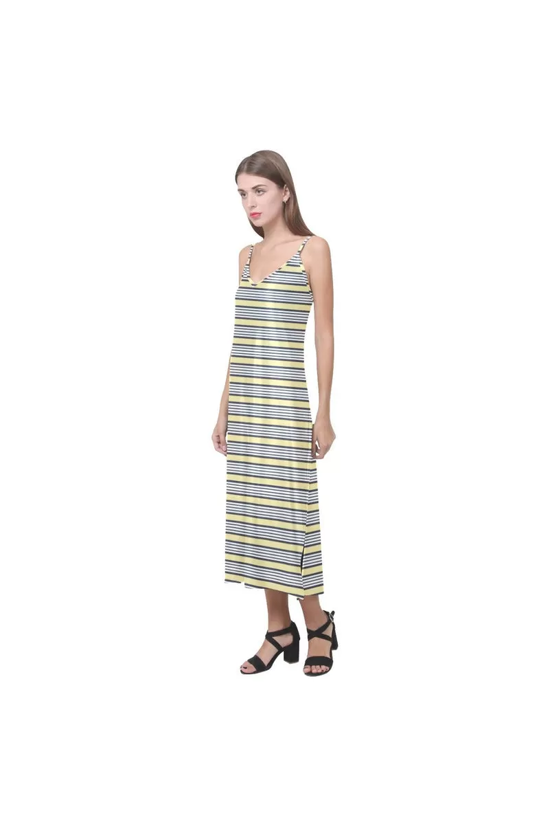 Cream Stripes V-Neck Open Fork Long Dress(Model D18)