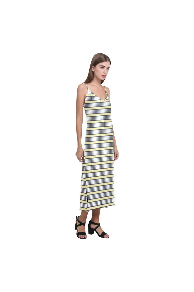 Cream Stripes V-Neck Open Fork Long Dress(Model D18)