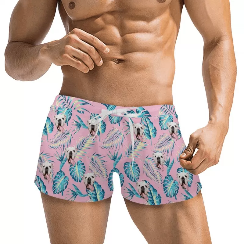 Custom Face Palm Leaf Men's Swimwear Short Swim Trunks with Zipper Pocket Personalized Surfing Square Leg Board Shorts