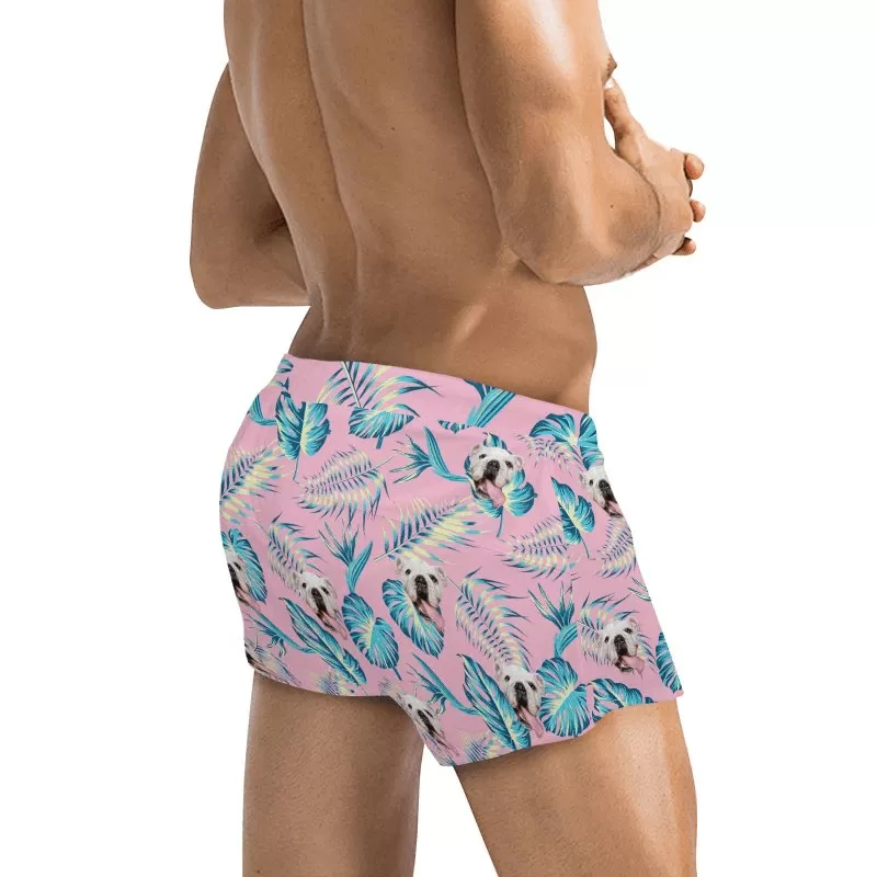 Custom Face Palm Leaf Men's Swimwear Short Swim Trunks with Zipper Pocket Personalized Surfing Square Leg Board Shorts