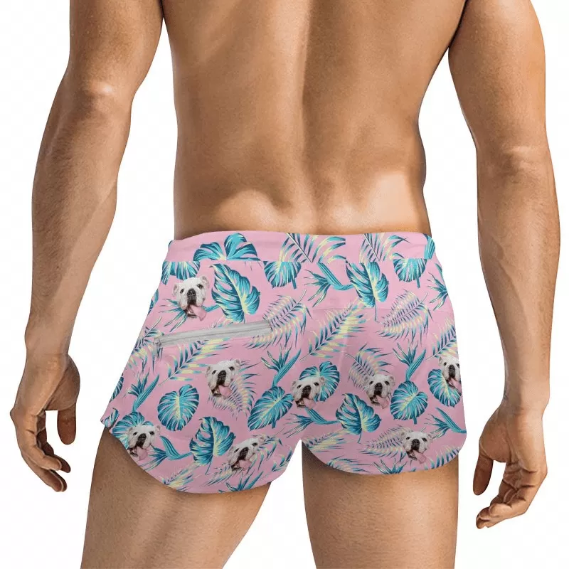 Custom Face Palm Leaf Men's Swimwear Short Swim Trunks with Zipper Pocket Personalized Surfing Square Leg Board Shorts