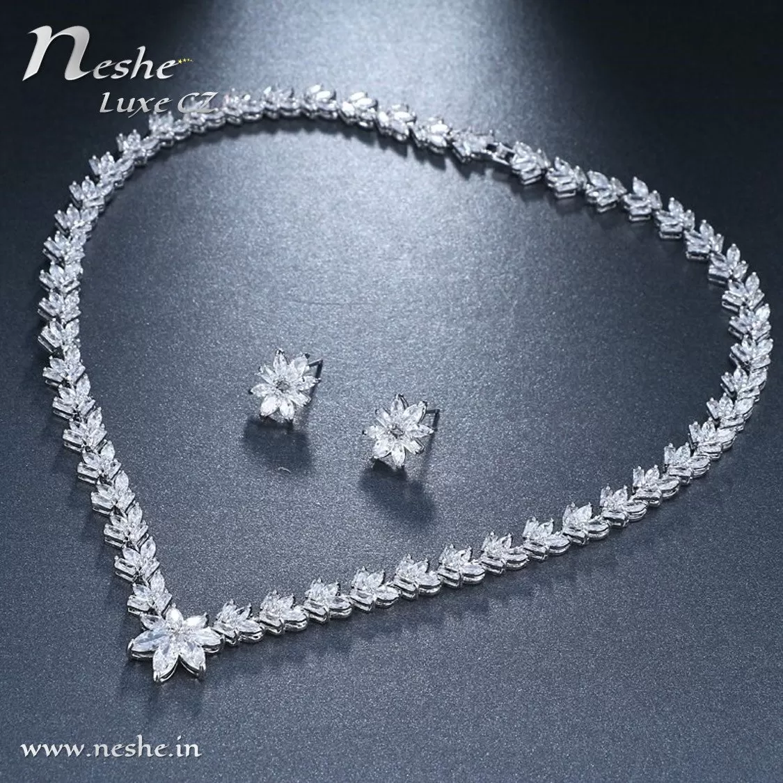 Delicate CZ Flowers Link Necklace Jewelry Set