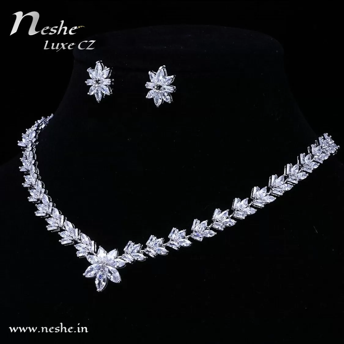 Delicate CZ Flowers Link Necklace Jewelry Set