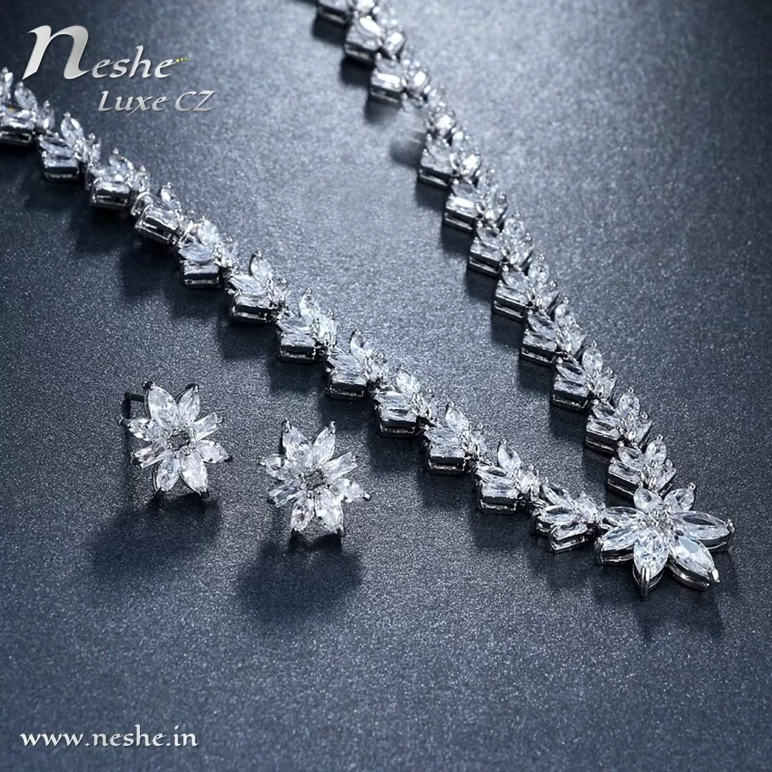 Delicate CZ Flowers Link Necklace Jewelry Set