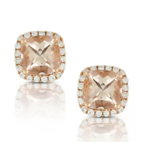 Doves 18K Rose Gold Morganite Square Cushion Earrings with Diamond Halo E7922MG