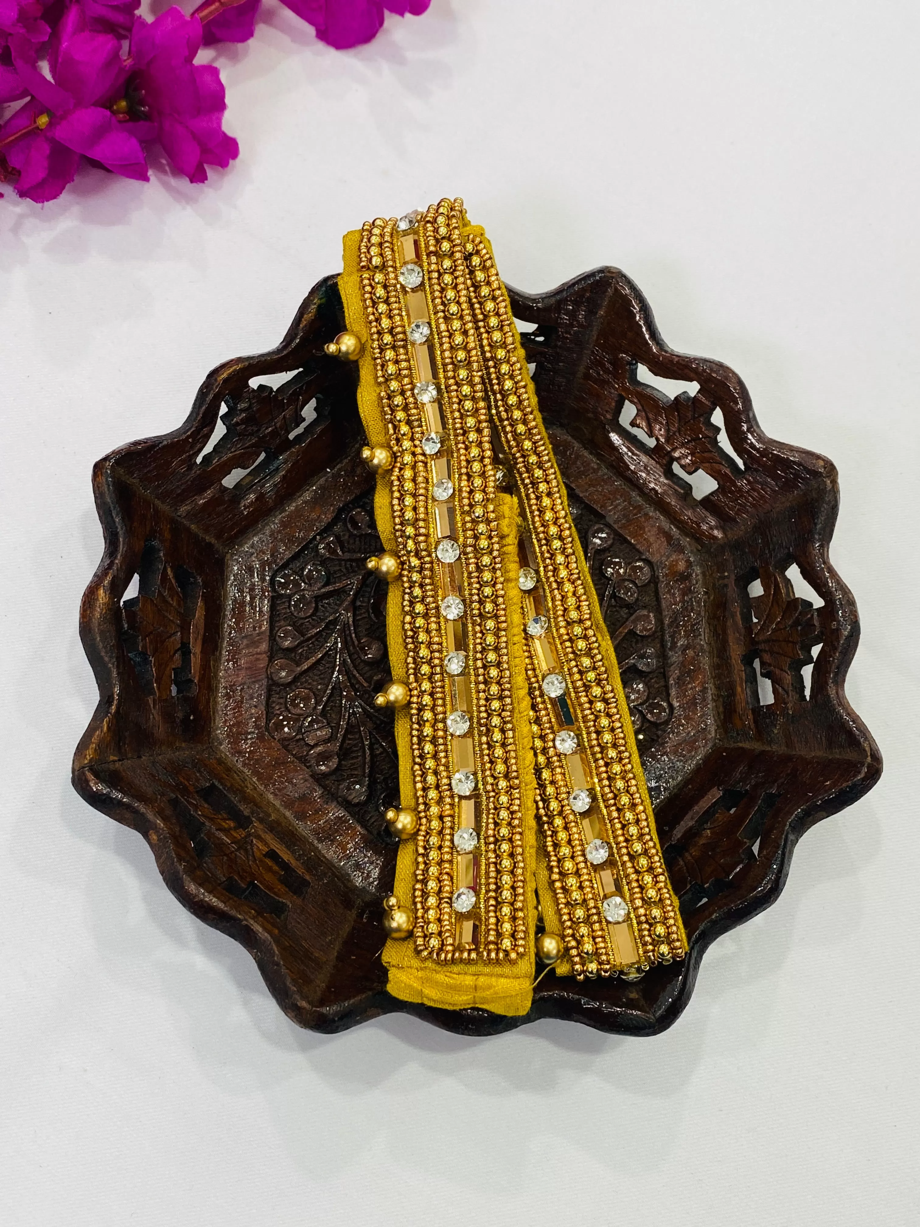 Fabulous Golden Color Saree Belt With Stones And Beads Work