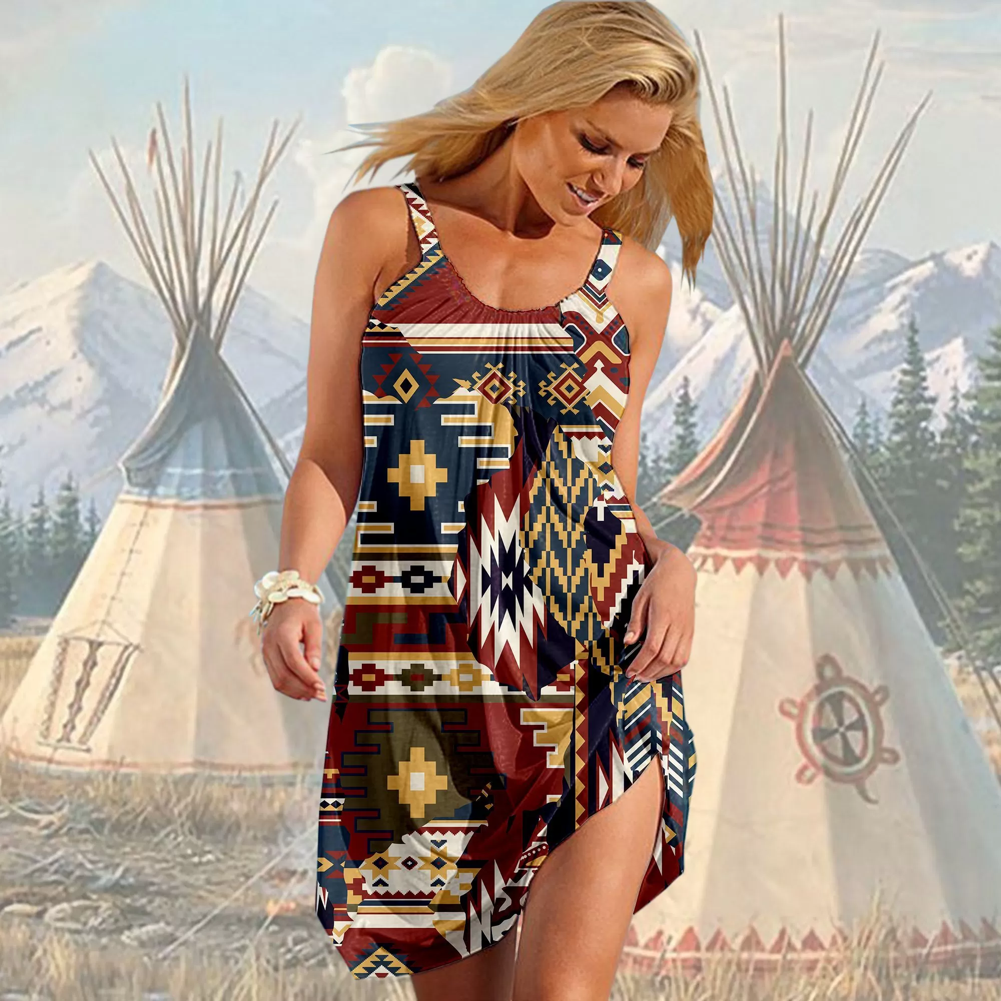 Gearhuman 3D Mix American Native Fabric Sleeveless Beach Dress