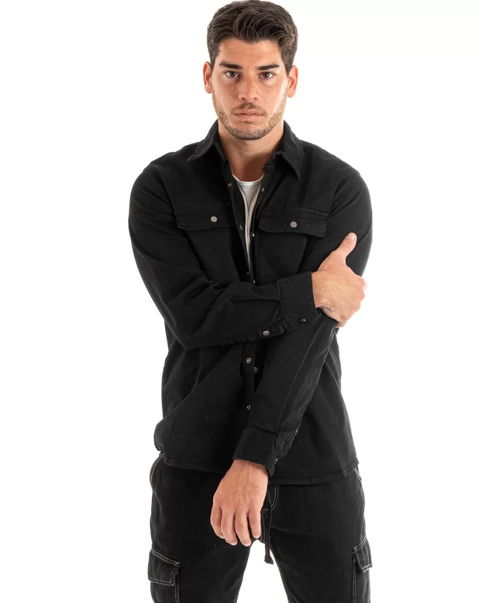 Giubbotto Uomo Giacca Jeans Con Colletto Camicione Denim Nero GIOSAL-G3077A