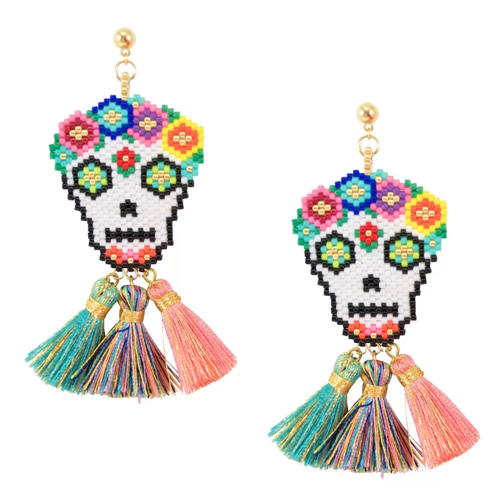 Hand Beaded Calavera Drop Earrings with Tassels