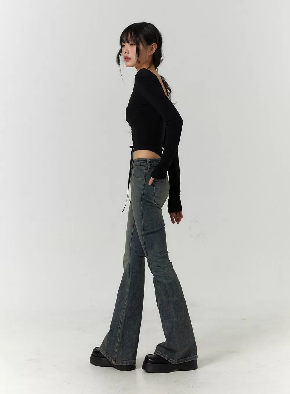 High Waist Slim Washed Bootcut Jeans CF407