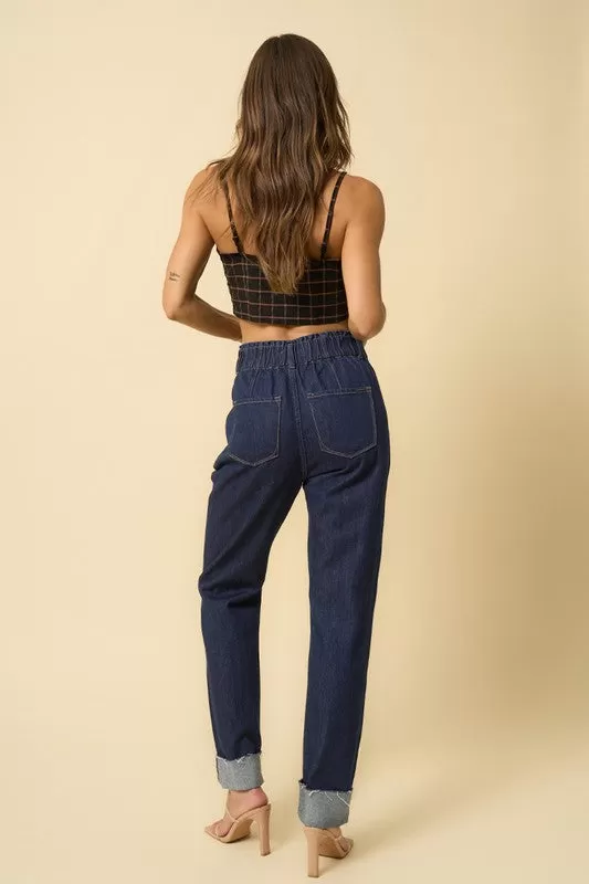 HIGH WAISTED PLEATED SLOUCHY DENIM PANTS