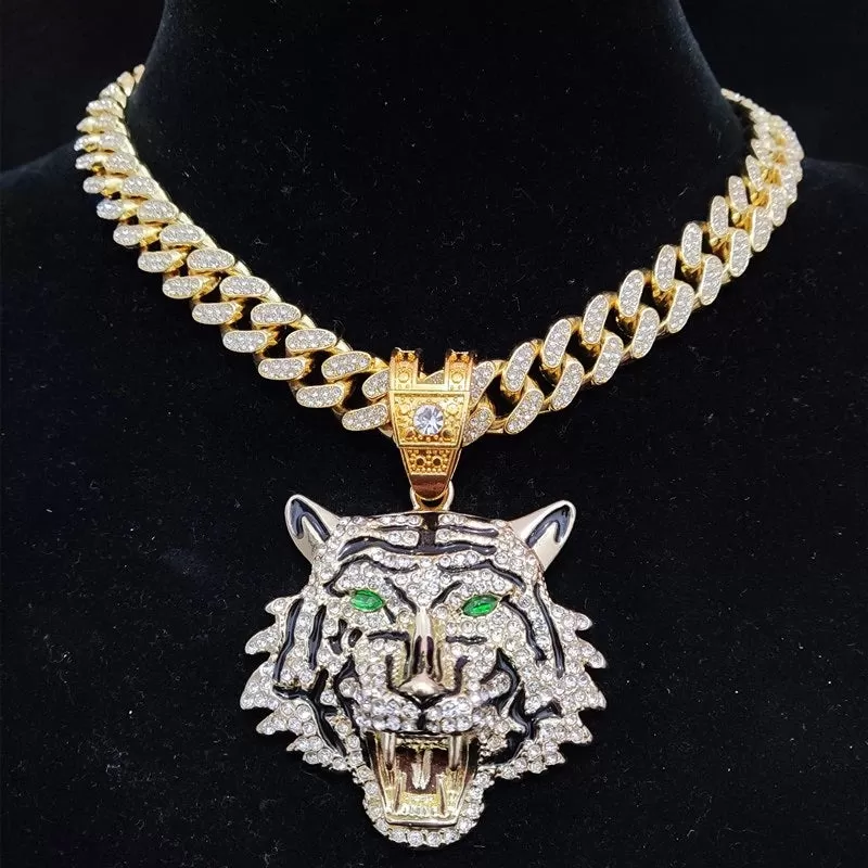 Iced Cuban Link Tiger Emerald Eyes Pendant Necklace