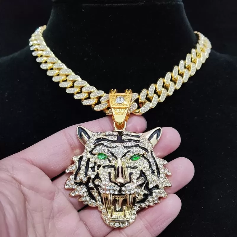 Iced Cuban Link Tiger Emerald Eyes Pendant Necklace