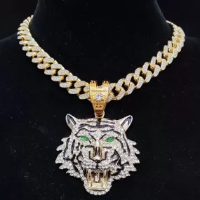 Iced Cuban Link Tiger Emerald Eyes Pendant Necklace