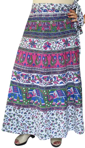 Indian Skirt Women's Cotton Printed Long Wrap Around Skirt (Blue, One Size)