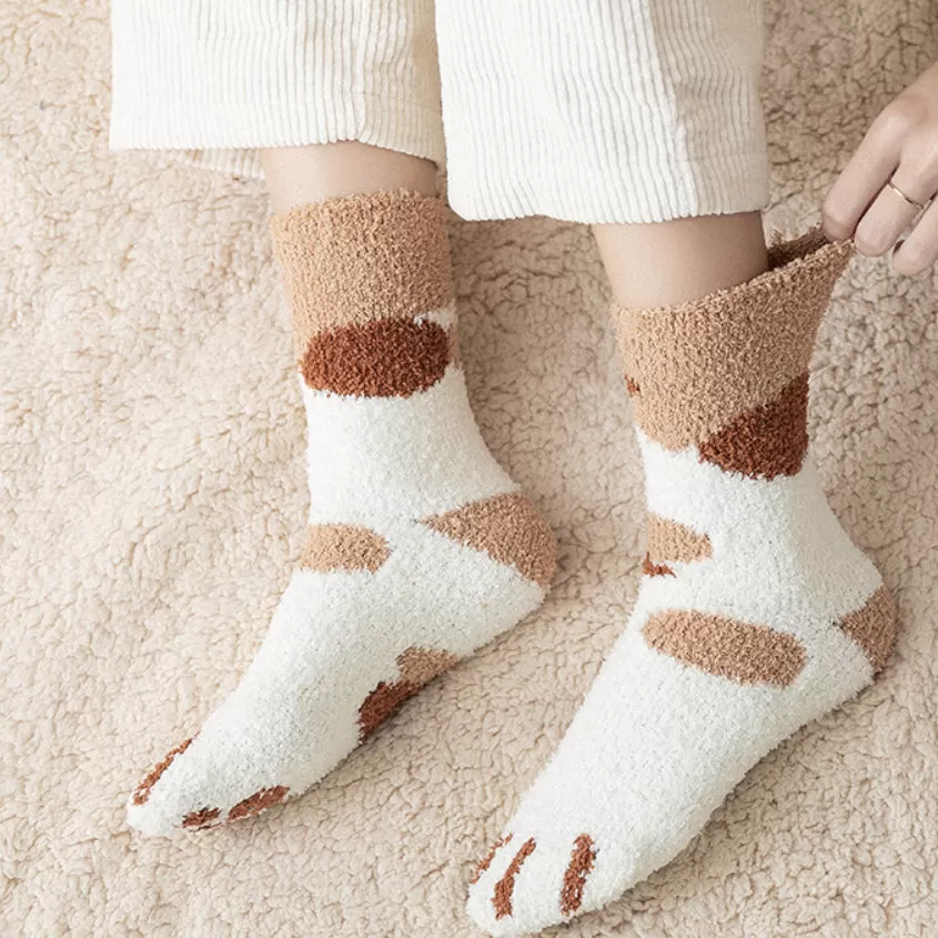 Kawaii Fluffy Room Socks - Cat Paws Brown