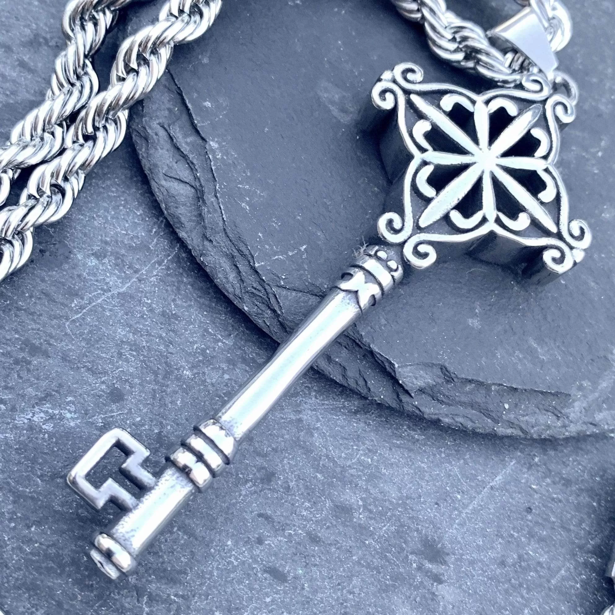 Key - Skeleton Key Pendant - Rope Necklace or Omega - PEN485