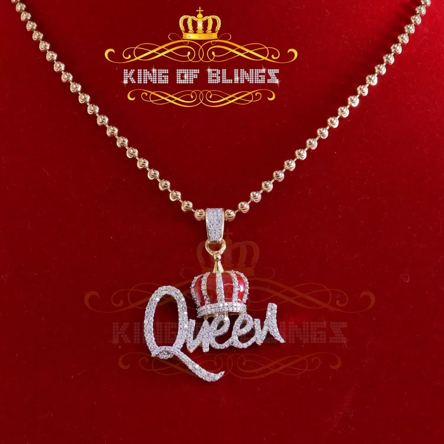 King Of Bling's King 2ct Real Moissanite Sterling Silver Yellow QUEEN with CROWN BELL Pendant