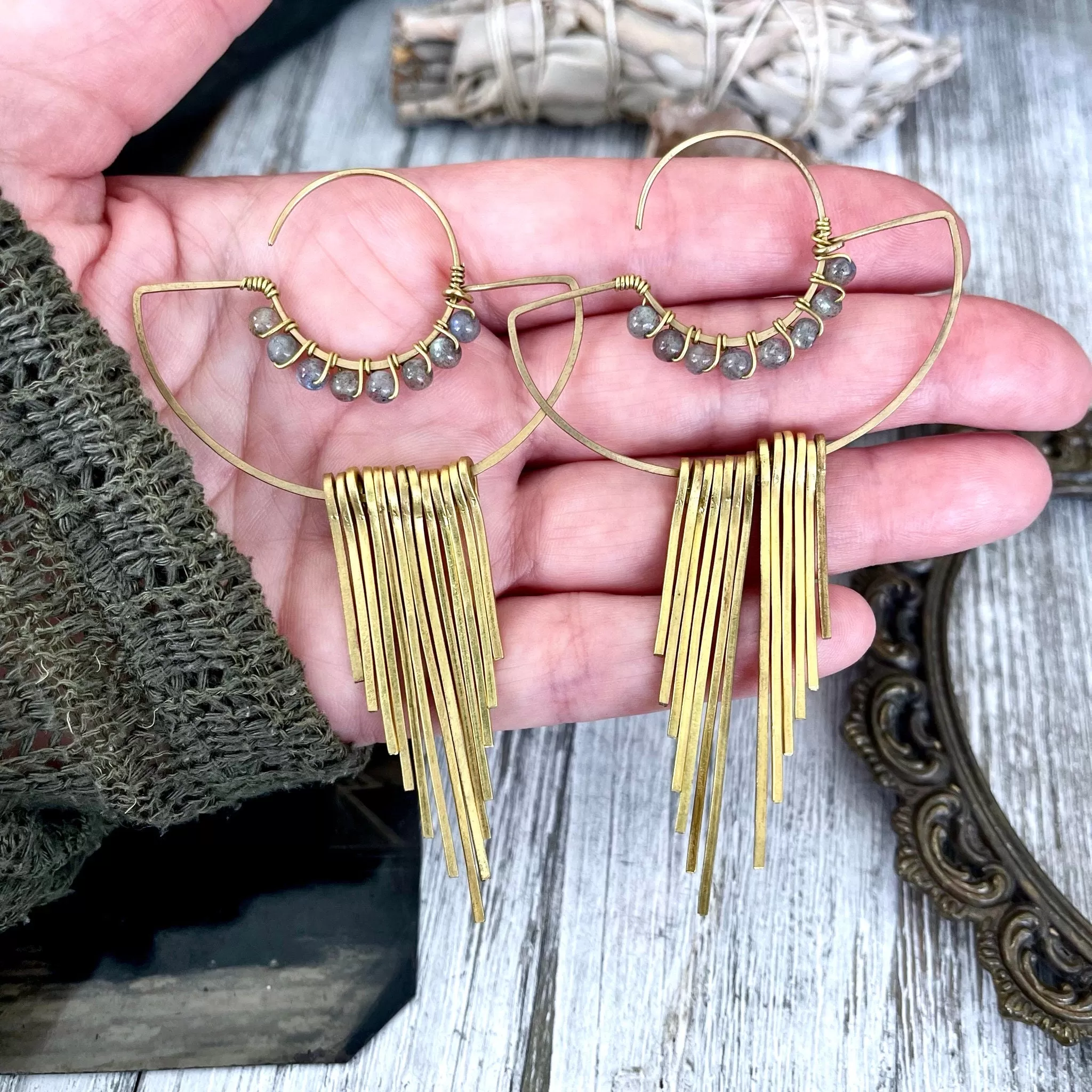 Large Brass and Labradorite Fringe Earrings