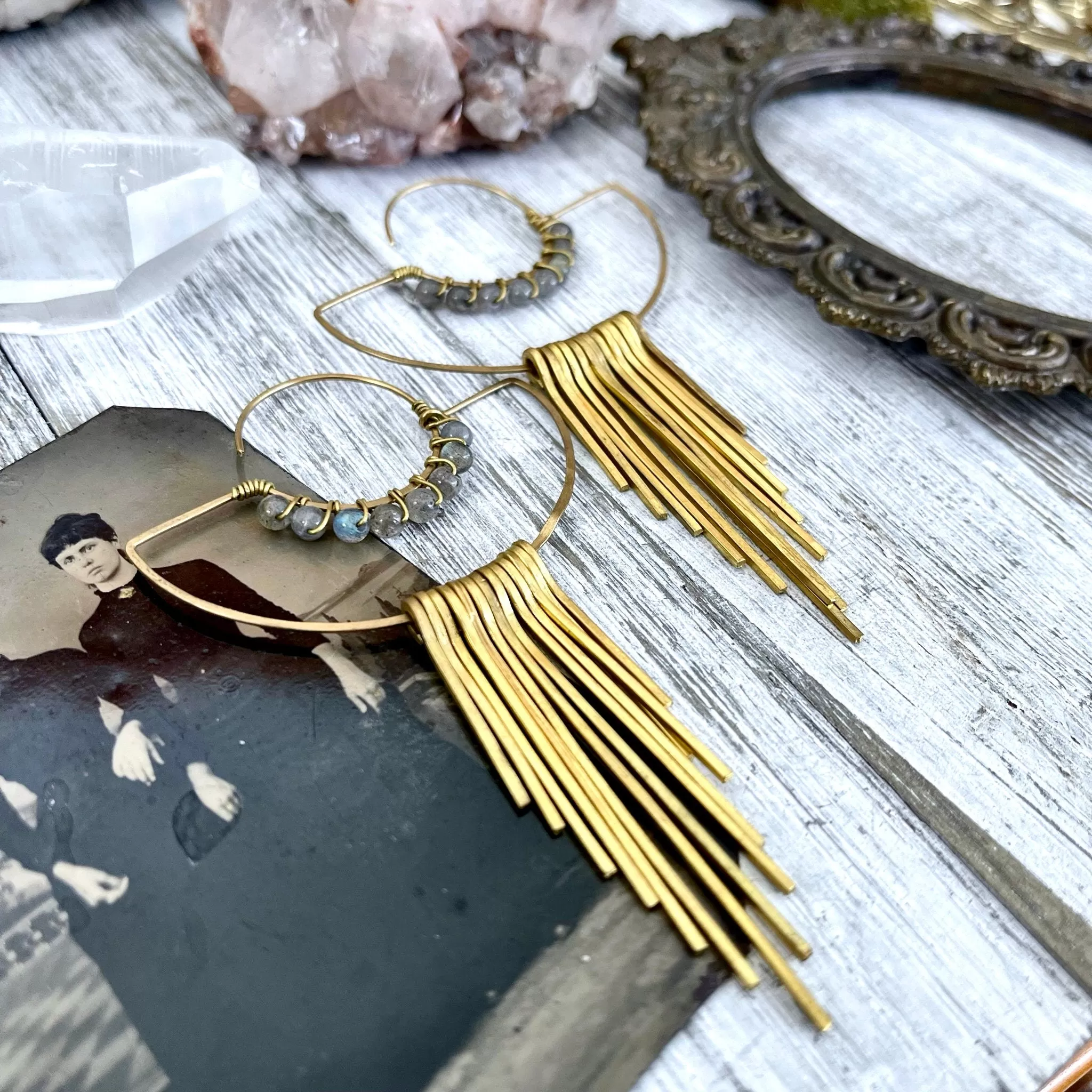 Large Brass and Labradorite Fringe Earrings