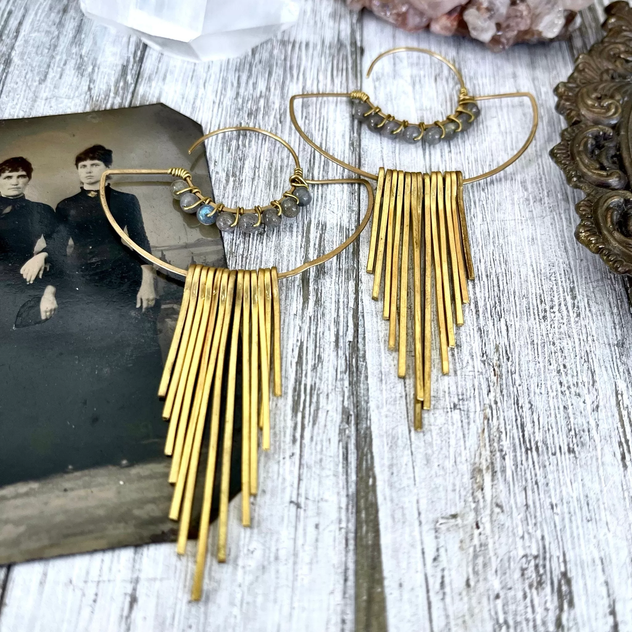 Large Brass and Labradorite Fringe Earrings